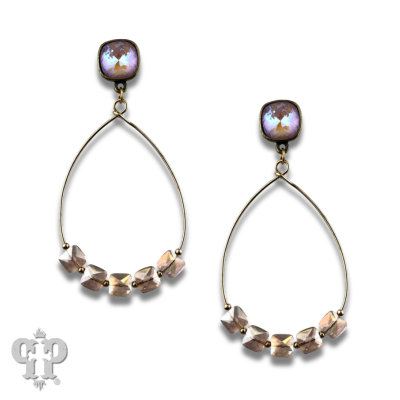 Square iridescent finish bead teardrop earring with Austrian crystal