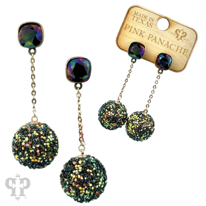 Glitter mesh bead and chain dangle earring with Austrian crystal
