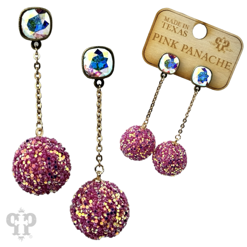 Glitter mesh bead and chain dangle earring with Austrian crystal