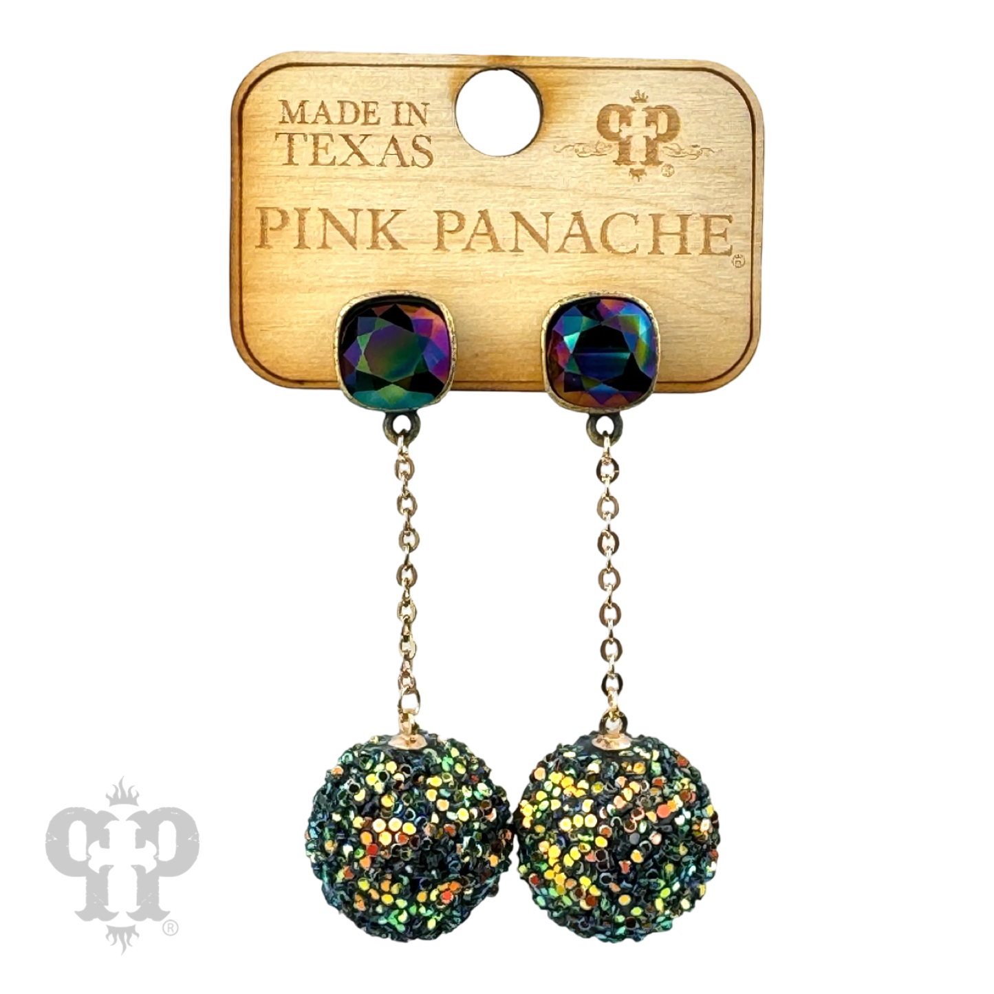 Glitter mesh bead and chain dangle earring with Austrian crystal