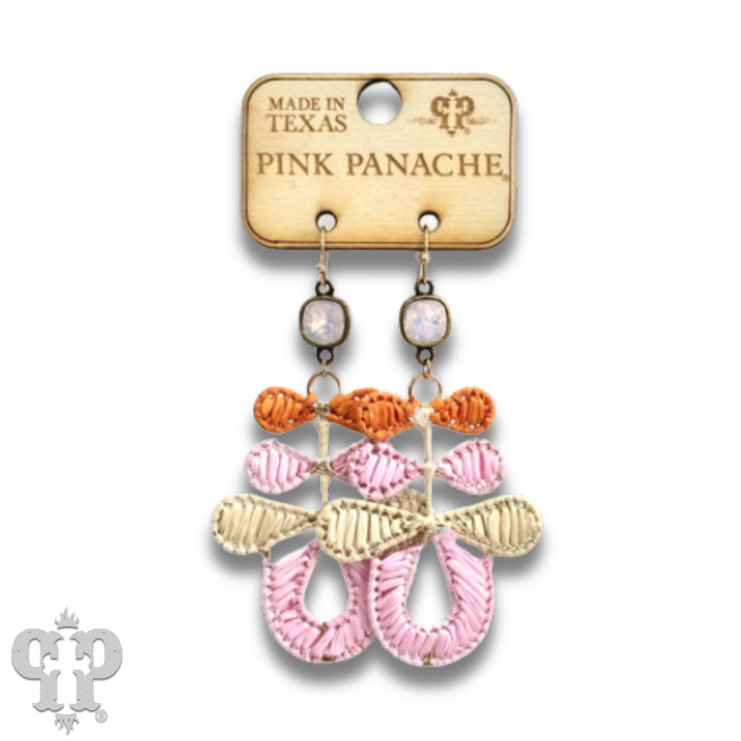 Three bow raffia dangle earring, Austrian crystal