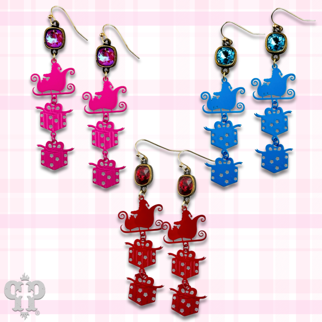Santa's sleigh and gift earring with Austrian crystal