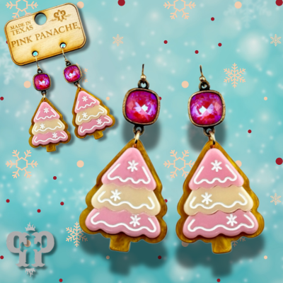 Pink acrylic layered Christmas tree earring with Austrian crystal