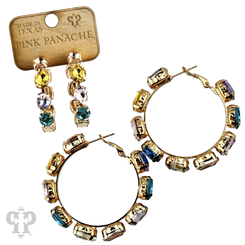 Multi-color oval rhinestone hoop earring