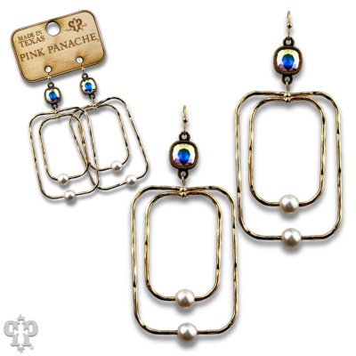 Gold double rectangle earring, Austrian crystal