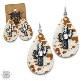 Cow print and cactus teardrop earring