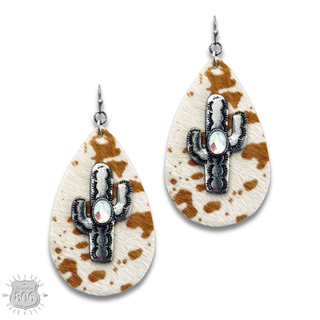 Cow print and cactus teardrop earring