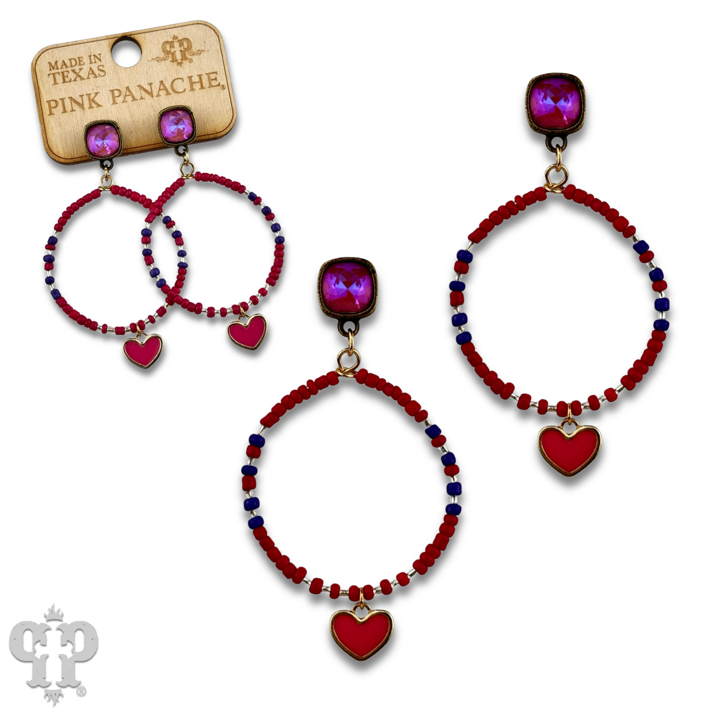 Enamel heart and seed bead earrings with Austrian crystal post