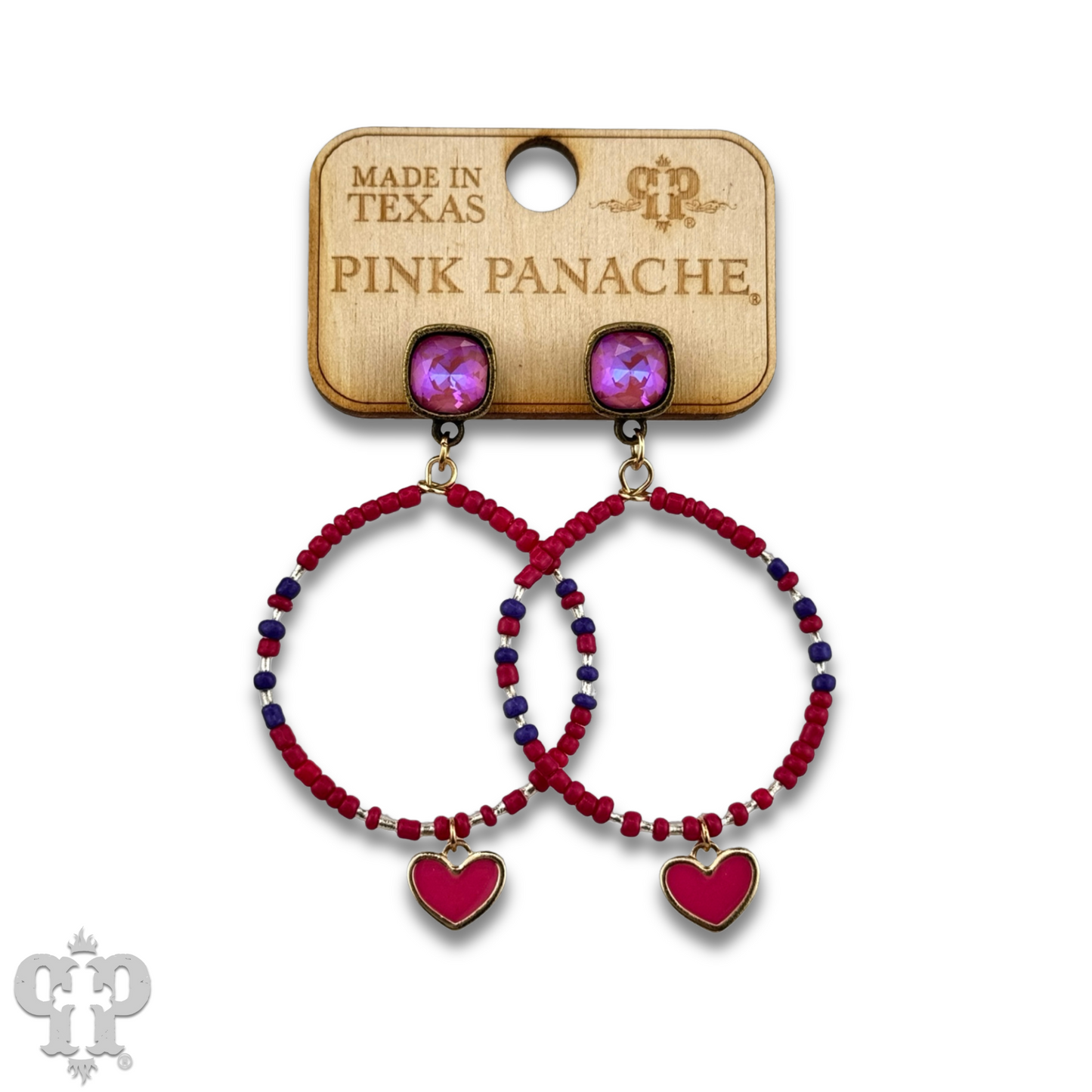 Enamel heart and seed bead earrings with Austrian crystal post