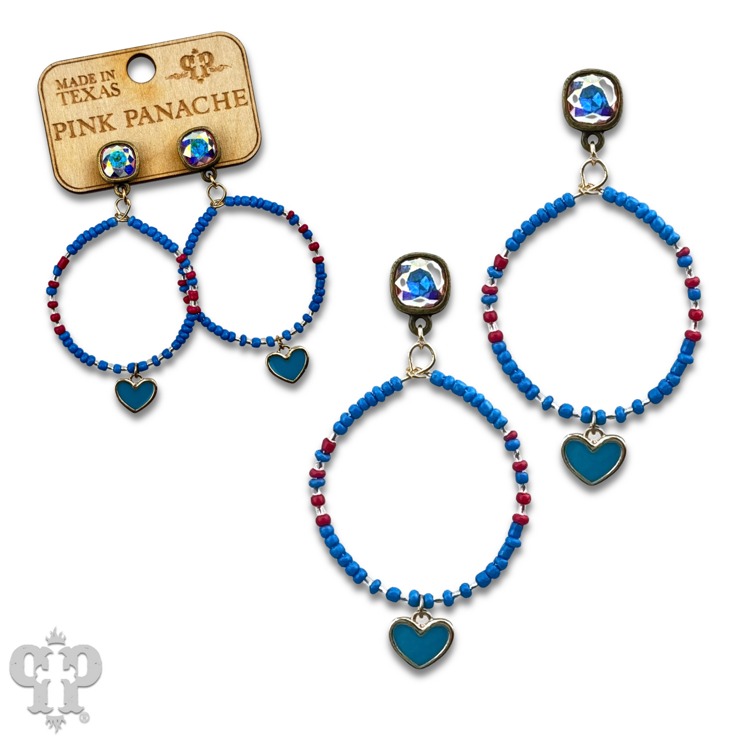 Enamel heart and seed bead earrings with Austrian crystal post