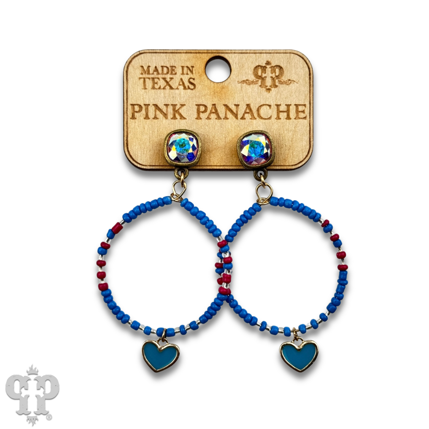 Enamel heart and seed bead earrings with Austrian crystal post