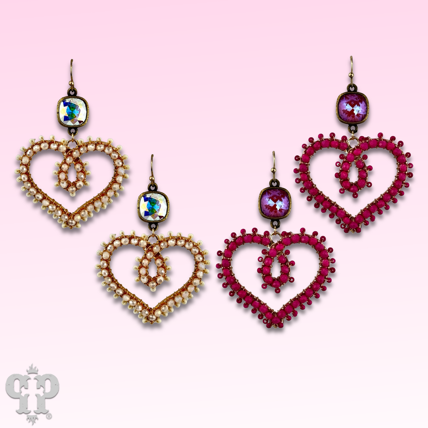Bead wrapped scroll heart earrings with Austrian crystals