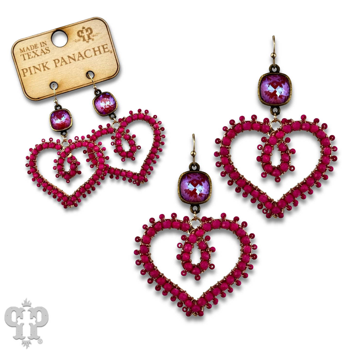Bead wrapped scroll heart earrings with Austrian crystals
