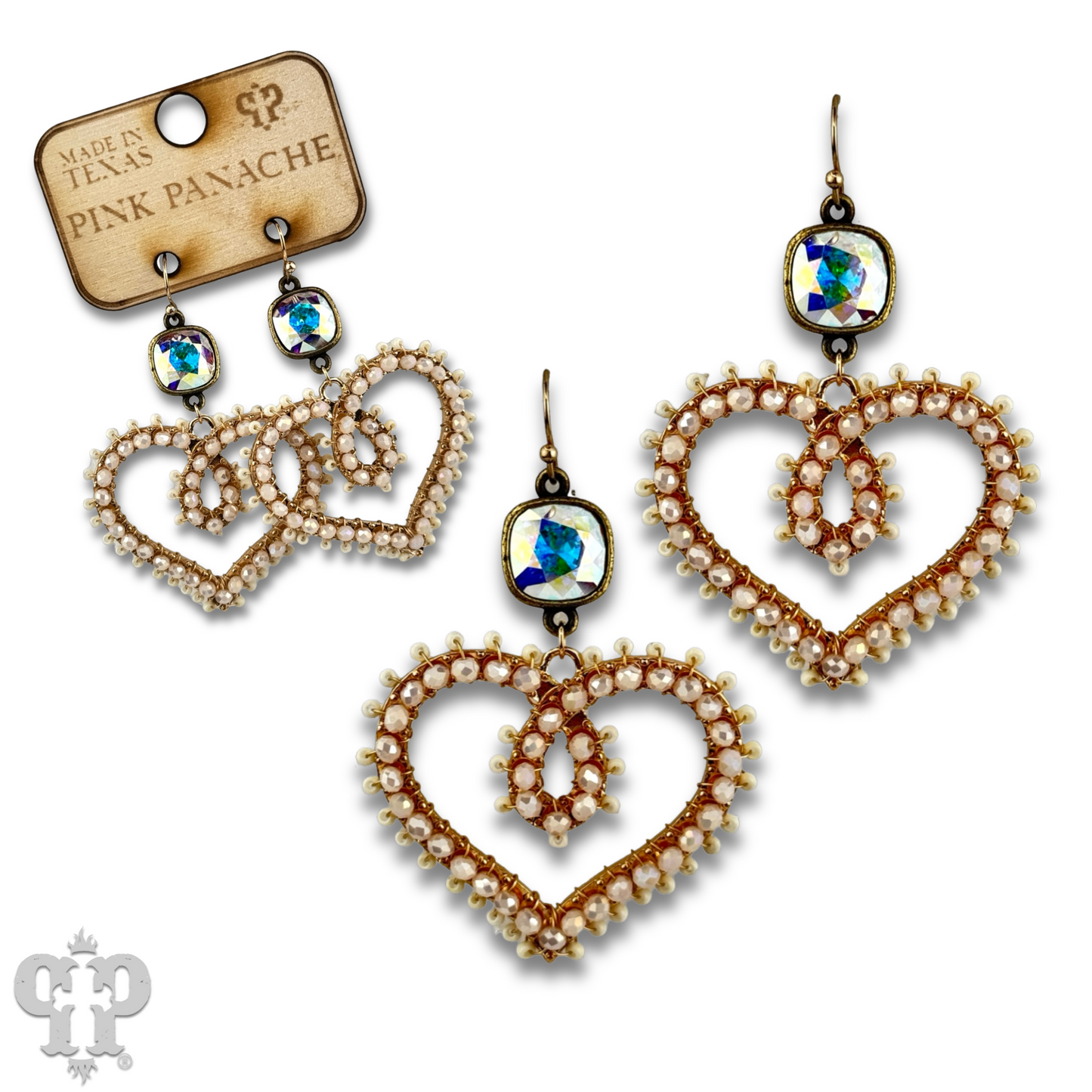Bead wrapped scroll heart earrings with Austrian crystals
