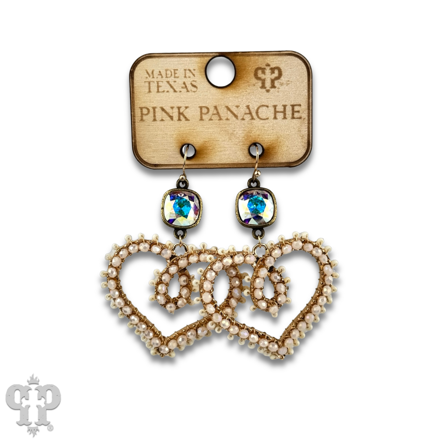 Bead wrapped scroll heart earrings with Austrian crystals