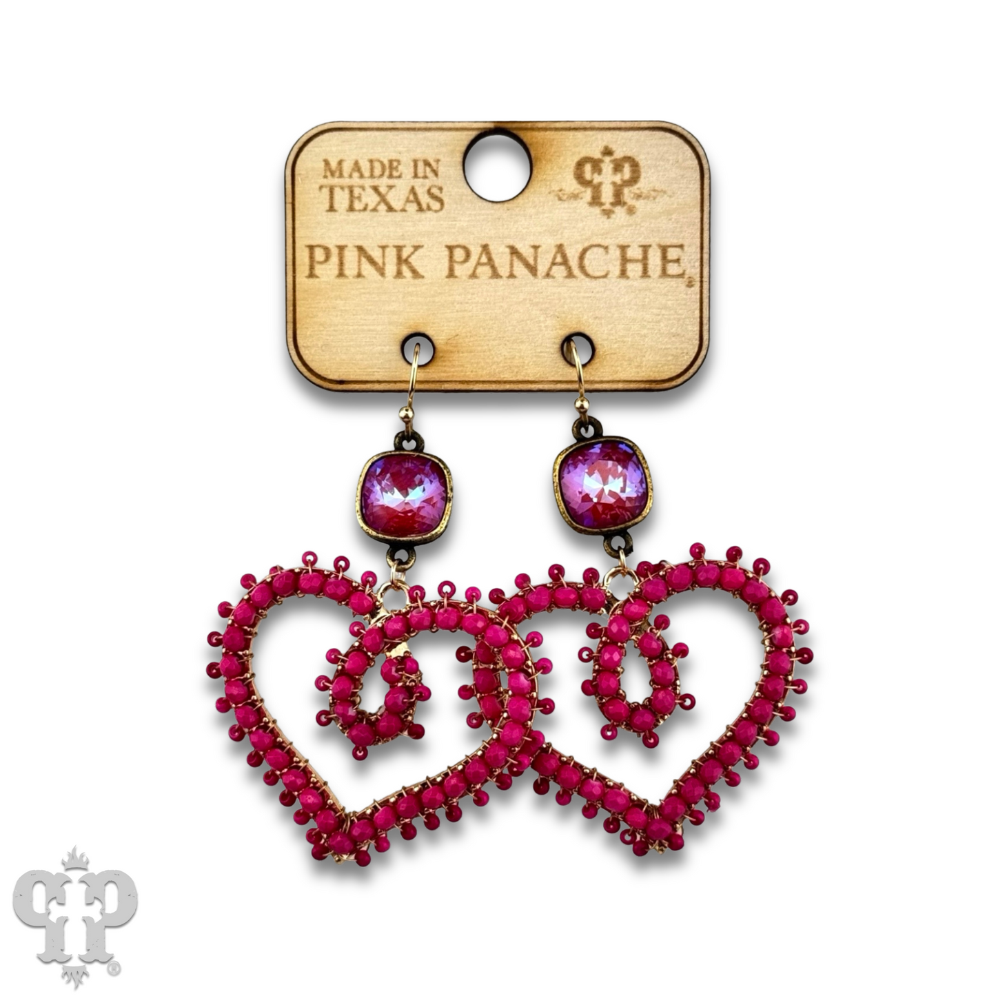 Bead wrapped scroll heart earrings with Austrian crystals