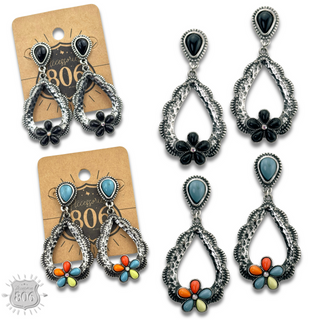 Stone flower open teardrop earring