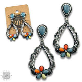 Stone flower open teardrop earring