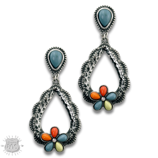 Stone flower open teardrop earring