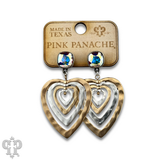 Two tone hammered heart earrings featuring Austrian crystal posts