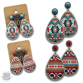 Western print wood teardrop earring