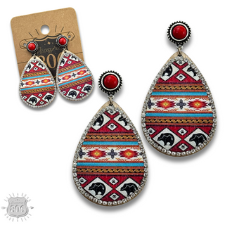 Western print wood teardrop earring