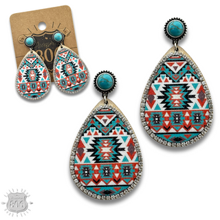 Western print wood teardrop earring