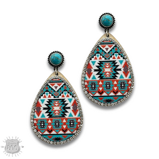 Western print wood teardrop earring
