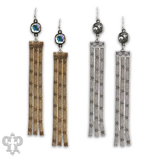 Star embossed mesh fringe earring, Austrian crystal