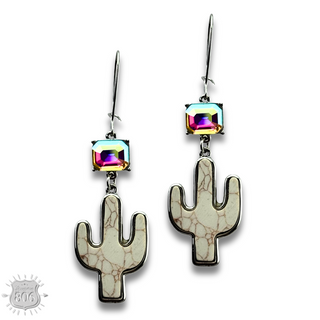 Western stone cactus earring with iridescent rhinestone