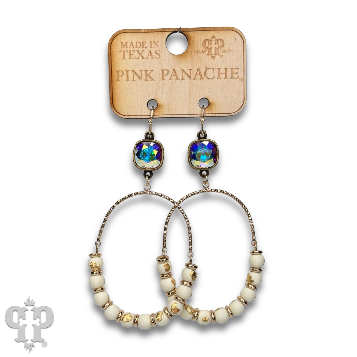 Oval gold flecked bead earring with Austrian crystal