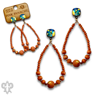 Graduated wood bead teardrop earring with Austrian crystal