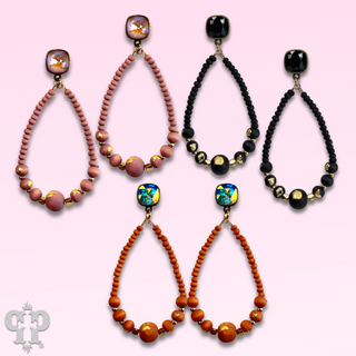 Graduated wood bead teardrop earring with Austrian crystal