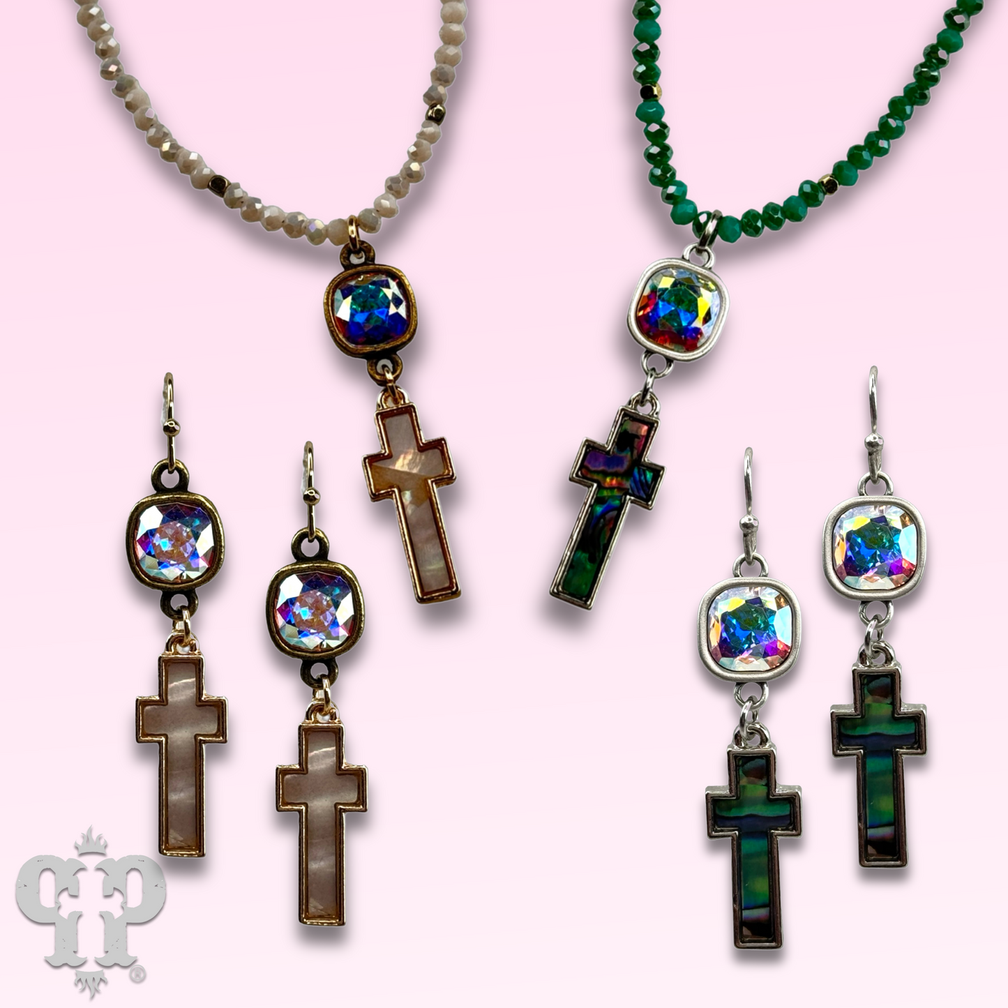 Pearl finish cross charm earring with Austrian crystal
