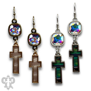 Pearl finish cross charm earring with Austrian crystal