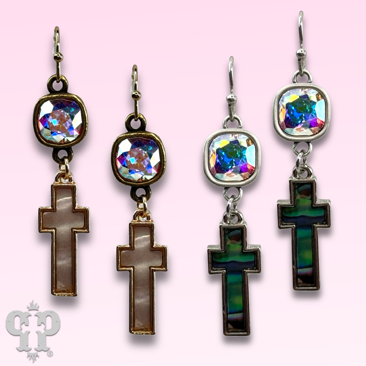 Pearl finish cross charm earring with Austrian crystal