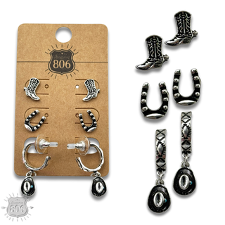 Western silver charm and post earring set