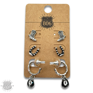 Western silver charm and post earring set