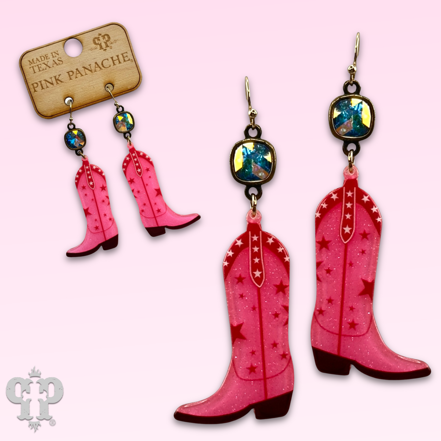 Acrylic cowgirl boot earring with Austrian crystal