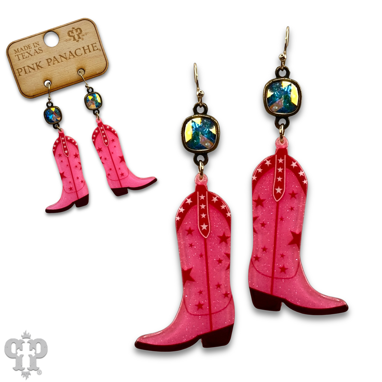 Acrylic cowgirl boot earring with Austrian crystal