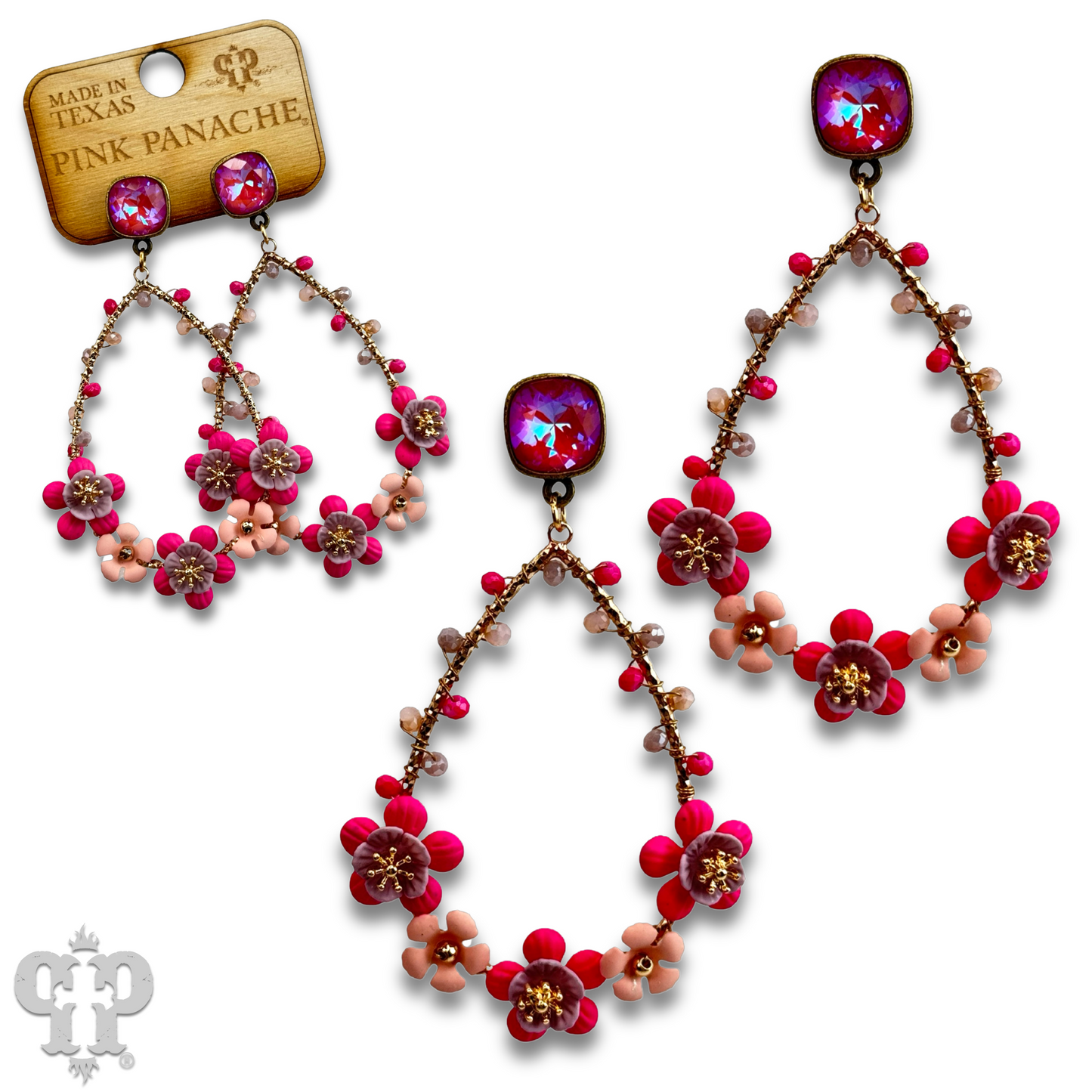 Flower bead wrapped teardrop earring with Austrian crystal