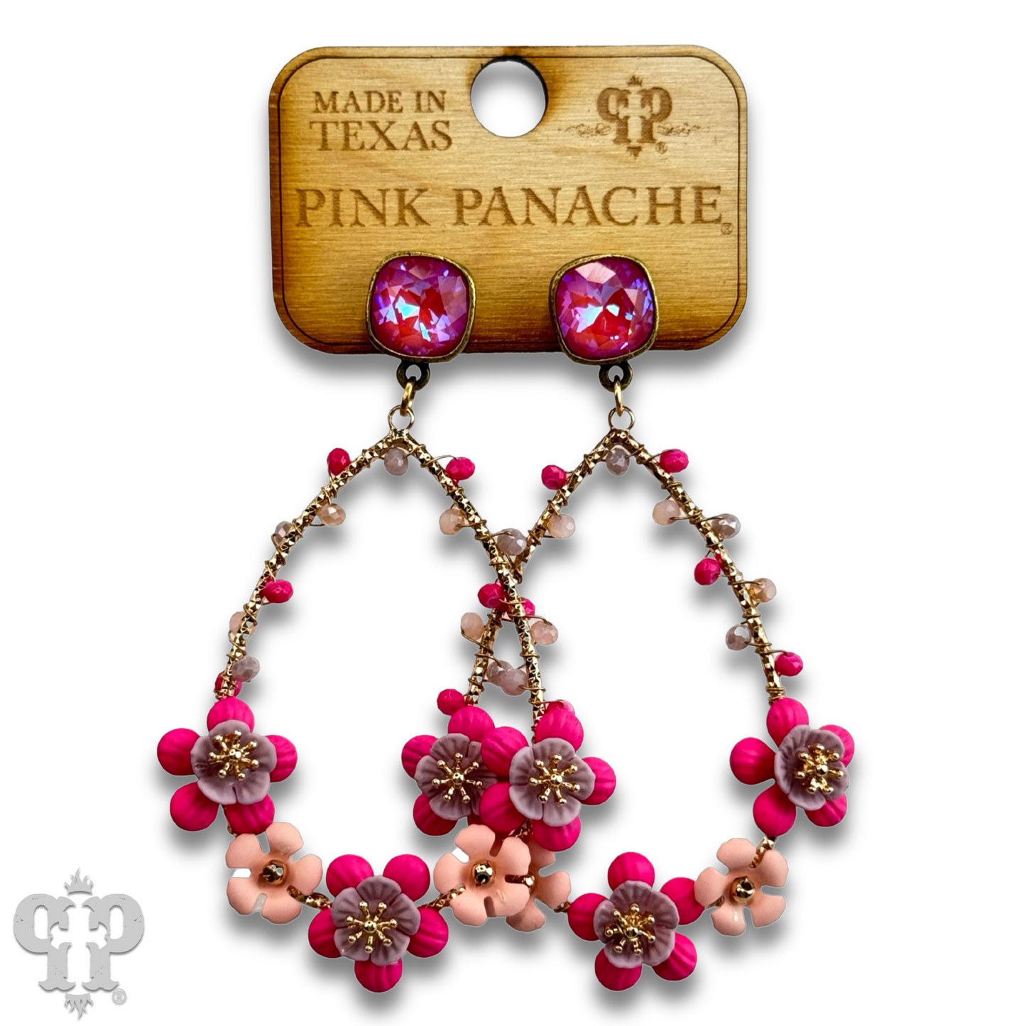 Flower bead wrapped teardrop earring with Austrian crystal