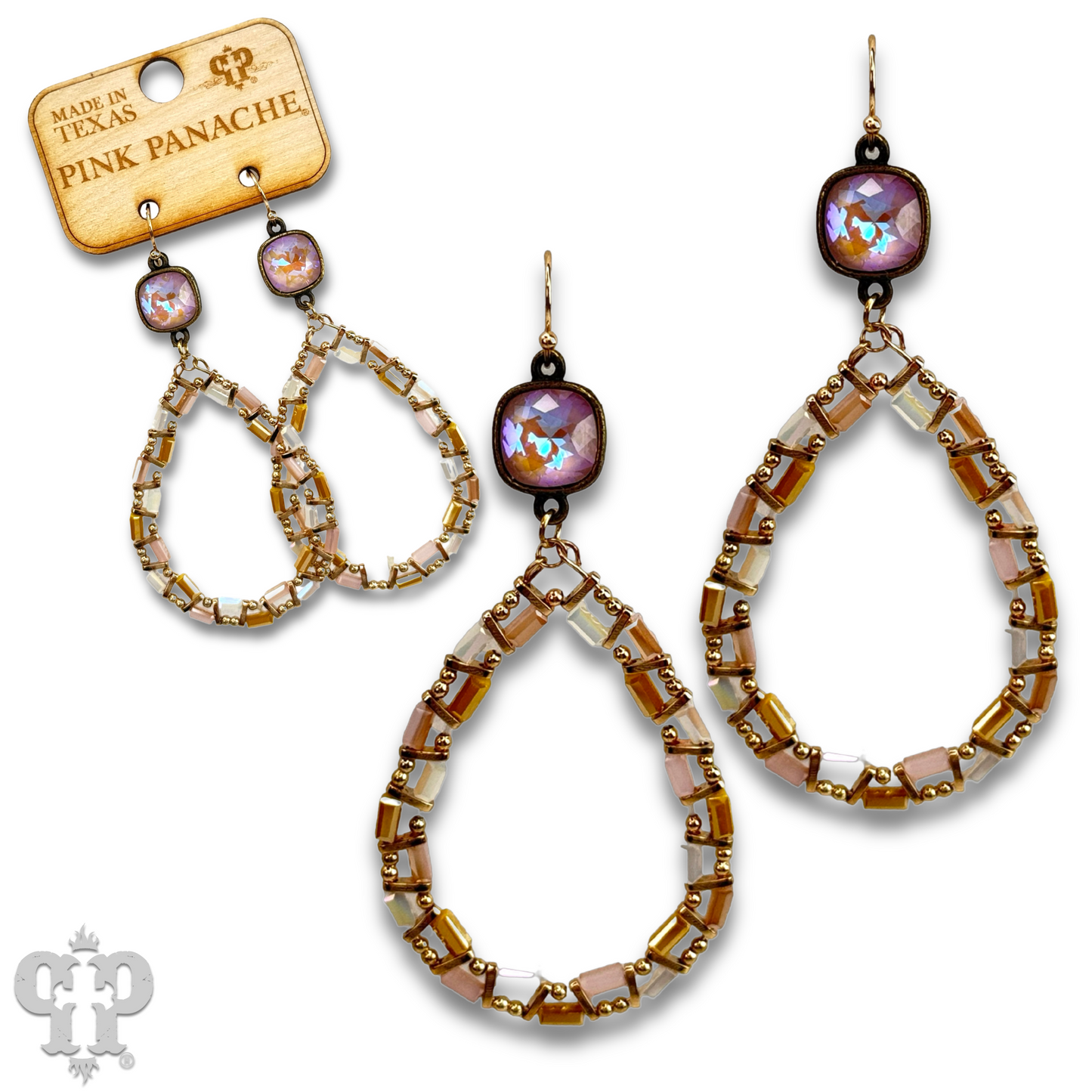 Iridescent finish bead teardrop earring with Austrian crystal