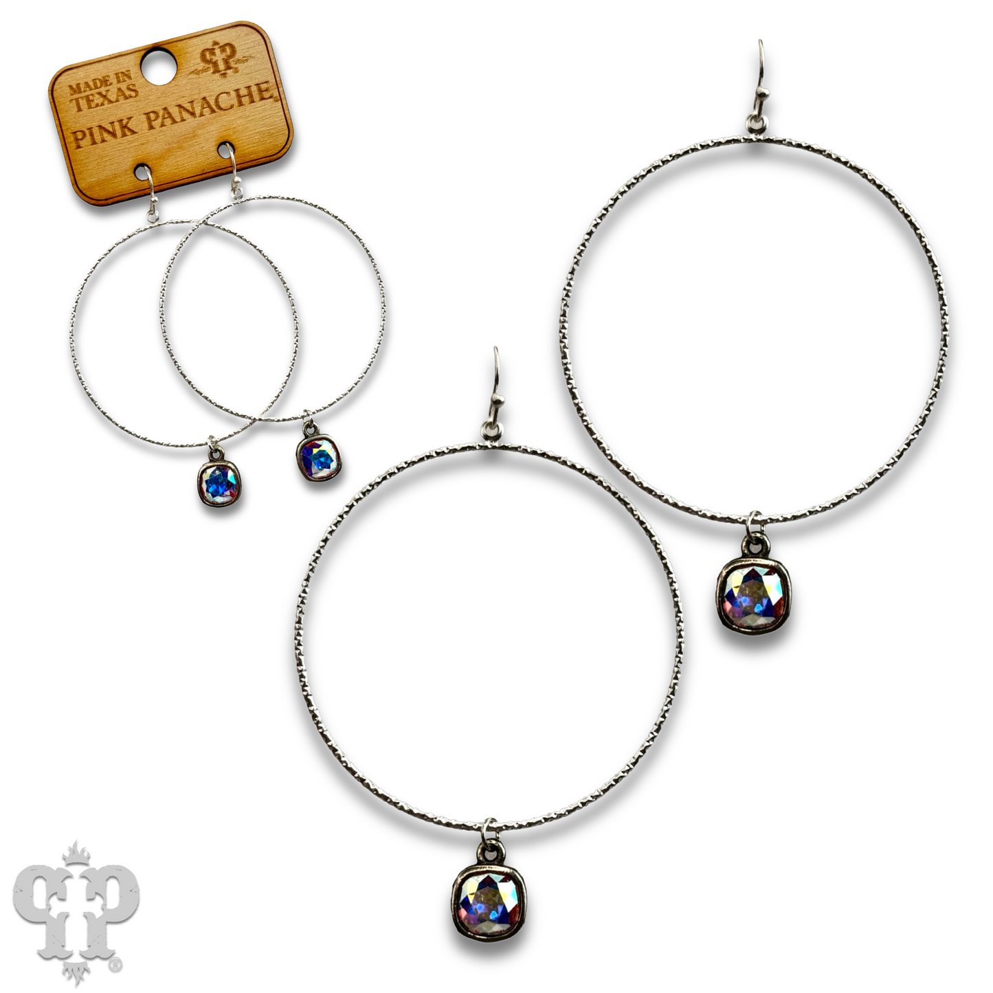 Large textured circle earring with Austrian crystal