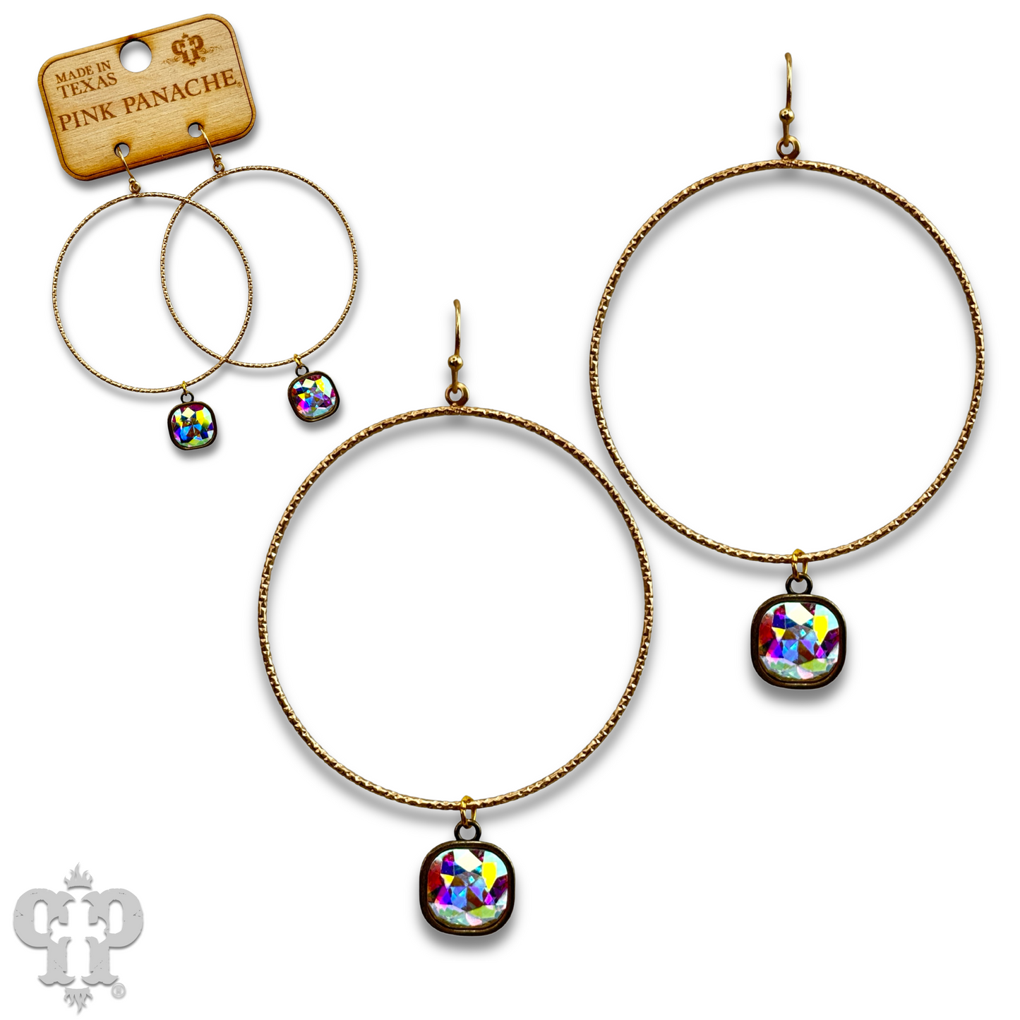 Large textured circle earring with Austrian crystal