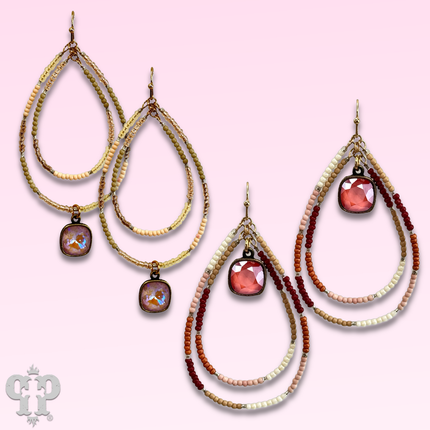 Double teardrop seed bead earring with Austrian crystal