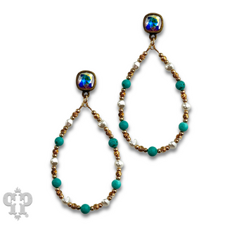 Turquoise and gold teardrop earring with Austrian crystal