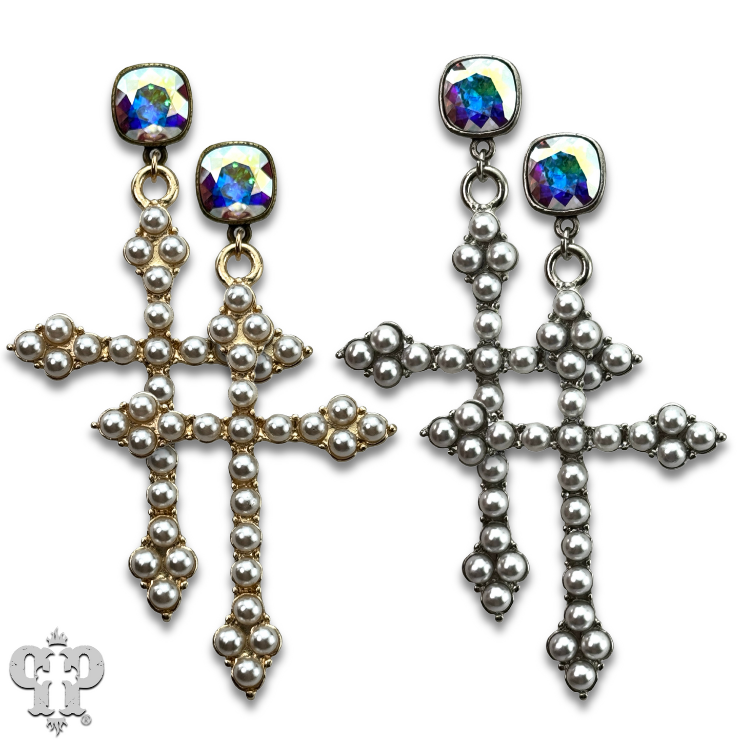 Pearl studded cross earring with Austrian crystal
