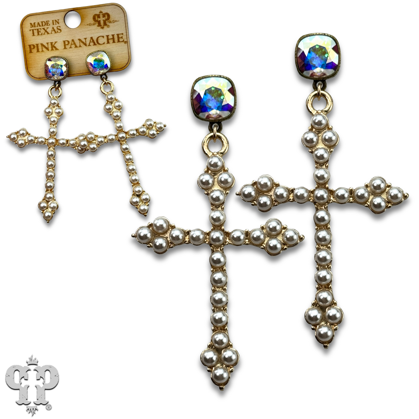 Pearl studded cross earring with Austrian crystal