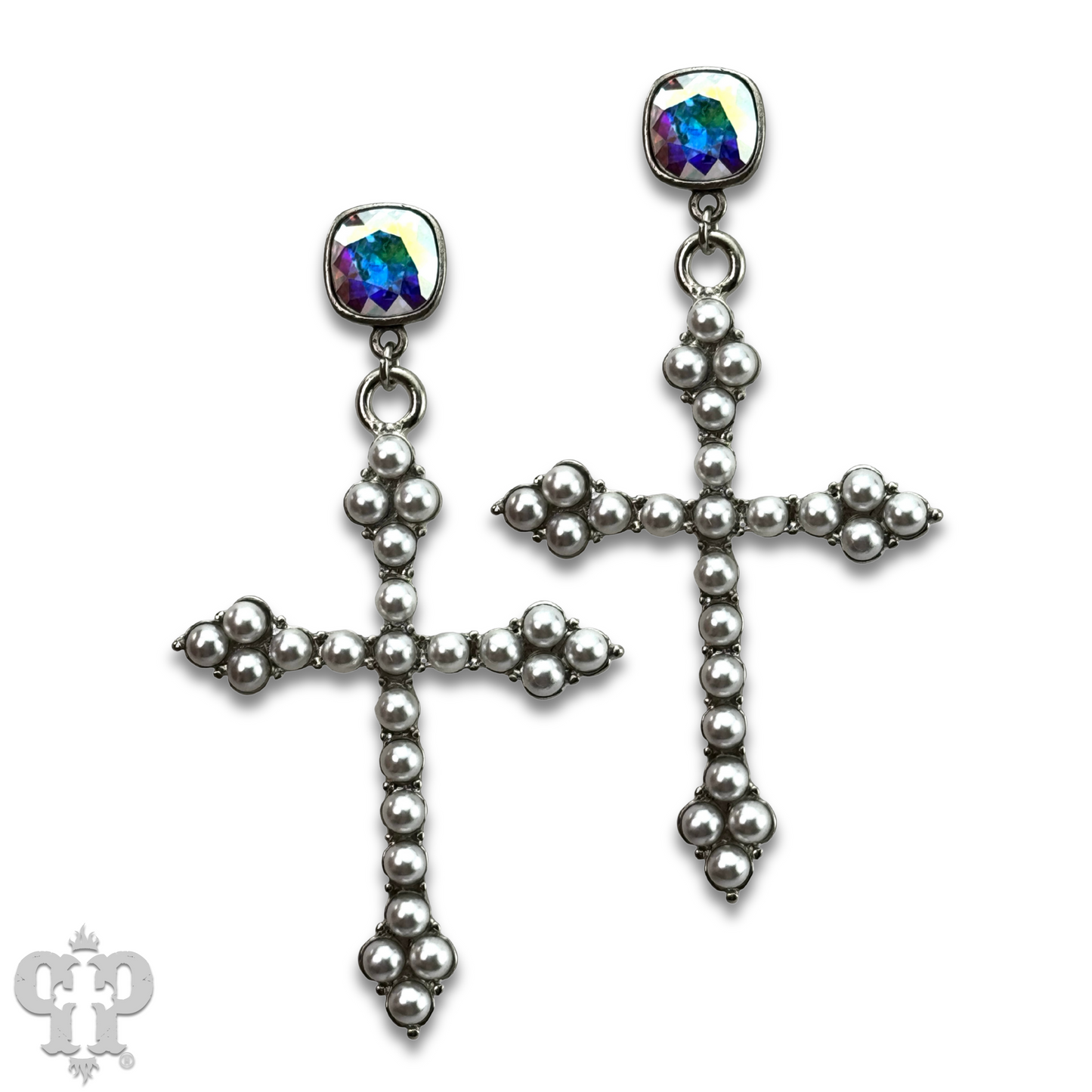 Pearl studded cross earring with Austrian crystal